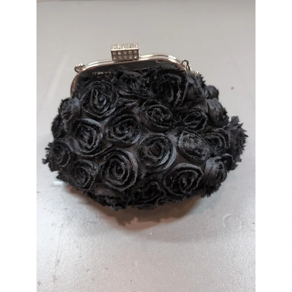 Black Rosette Evening Clutch Purse Floral Rhinestone Wedding Prom Formal Bag